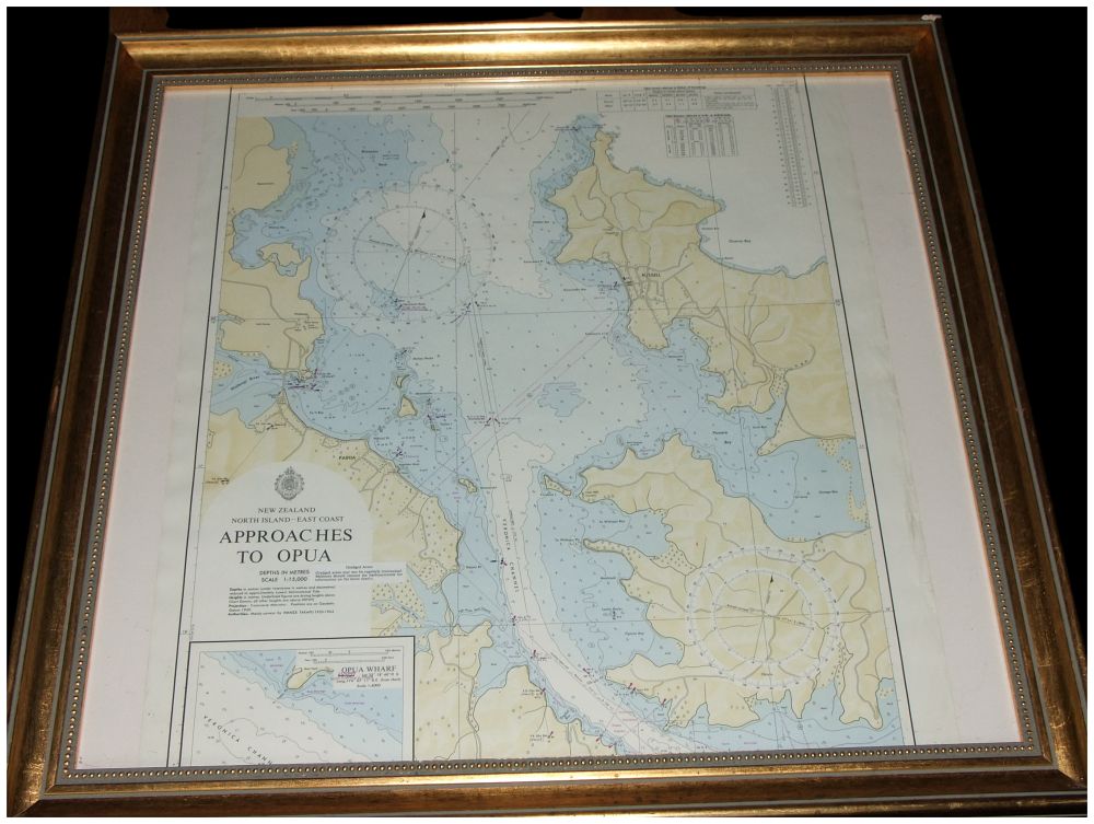 Lot 159: A Framed Mid-20th Century Nautical Chart of the Approaches to Opua New Zealand. Cannot post. No reserve.
