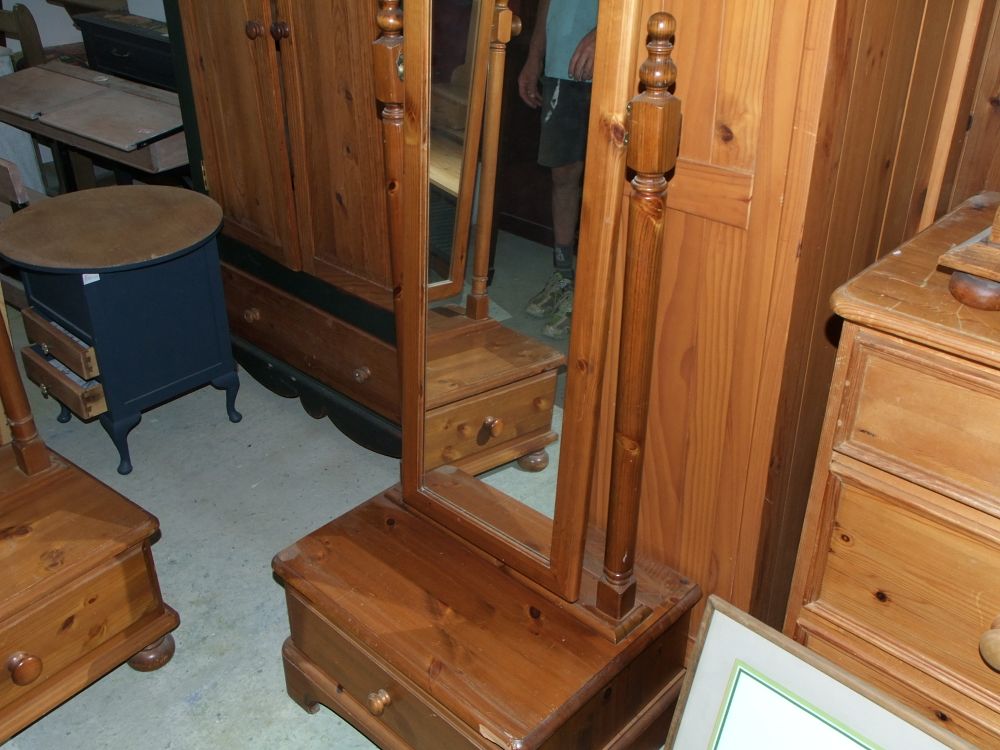 Lot 192: A Modern Pine Cheval Mirror with Base Drawer