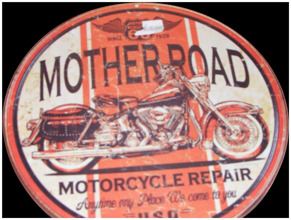 Lot 197: Route 66 Mother Road Motorcycle Repair Circular Decorative Tin Sign