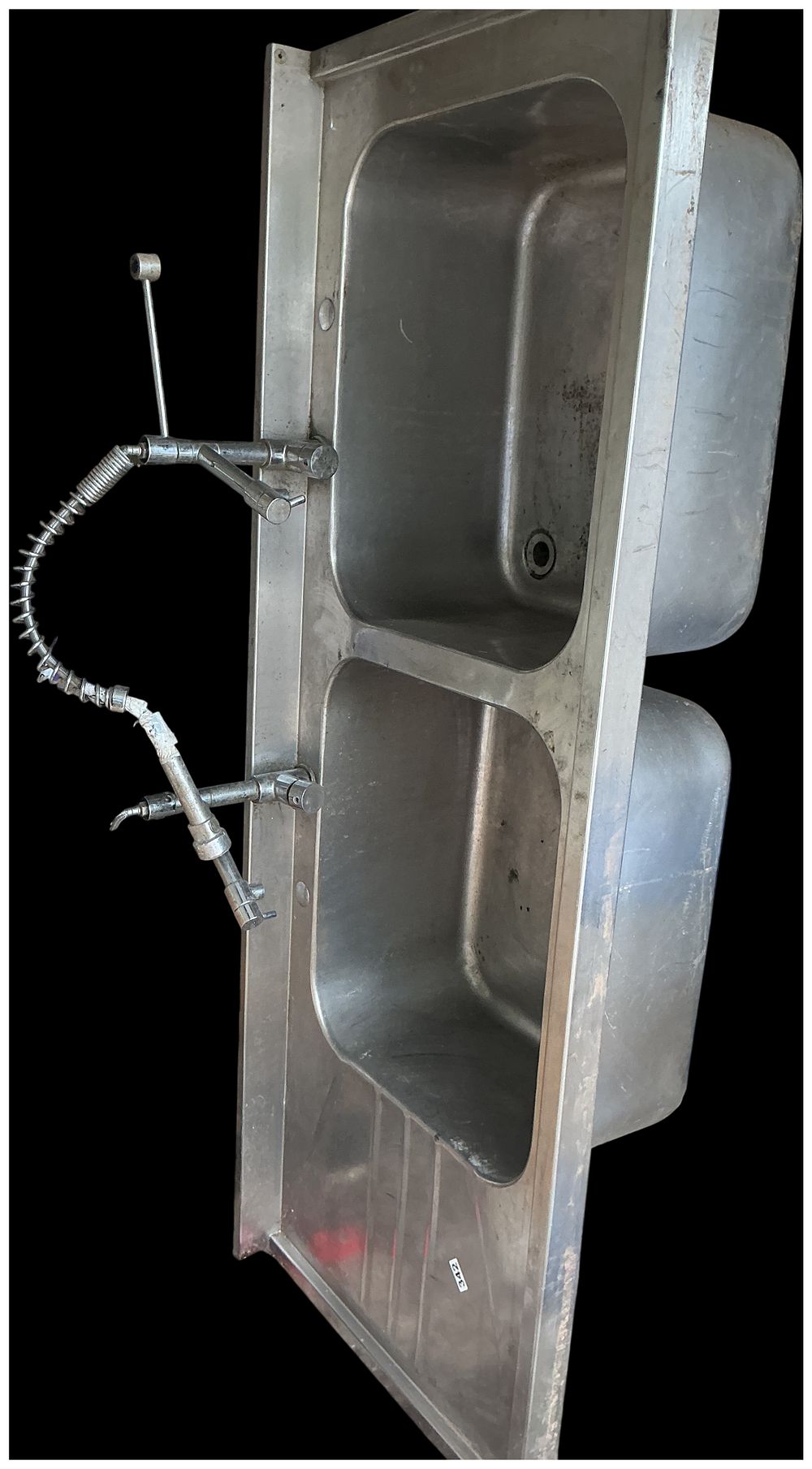Lot 228: Commercial Double Bowl Stainless Steel Catering Sink with Integrated Right Hand Drainboard and Two Pre-Rinse Spray Faucets