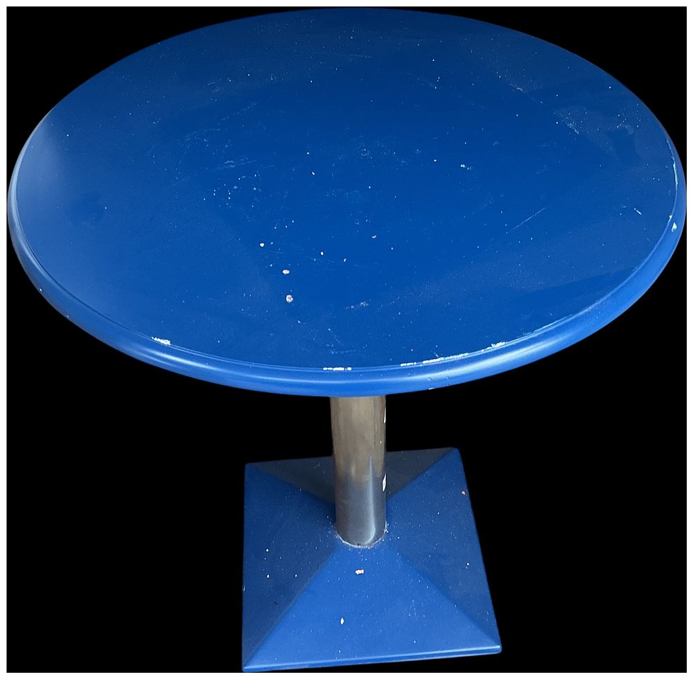 Lot 229: Contemporary Pedestal Bistro Table with Blue Lacquered Top and Square Pyramid Base