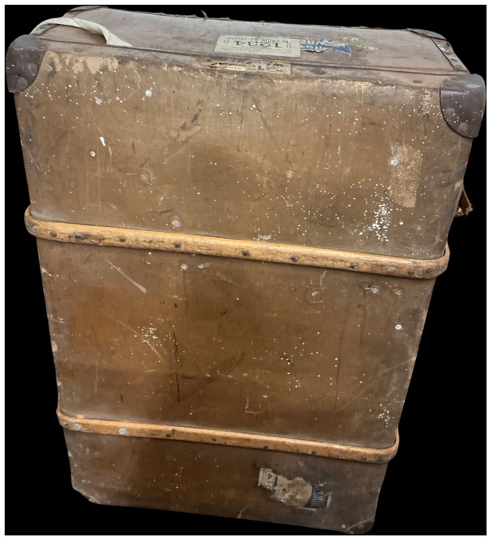Lot 232: An Antique Bound Travel Trunk with Cross-Channel Railway Transit Labels and Associated Artwork