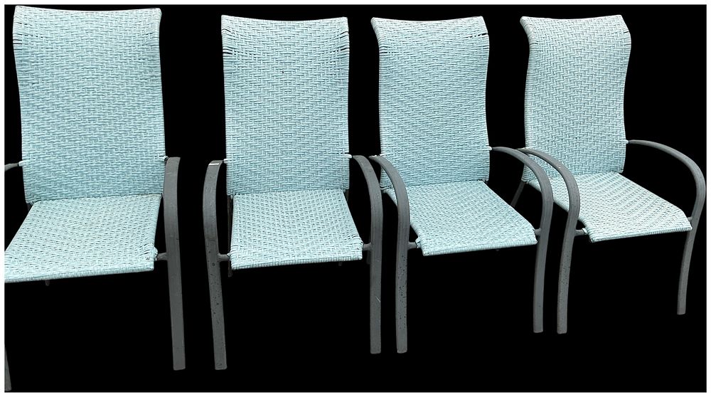 Lot 263: A Set of Four Contemporary Woven Resin and Metal Outdoor Armchairs