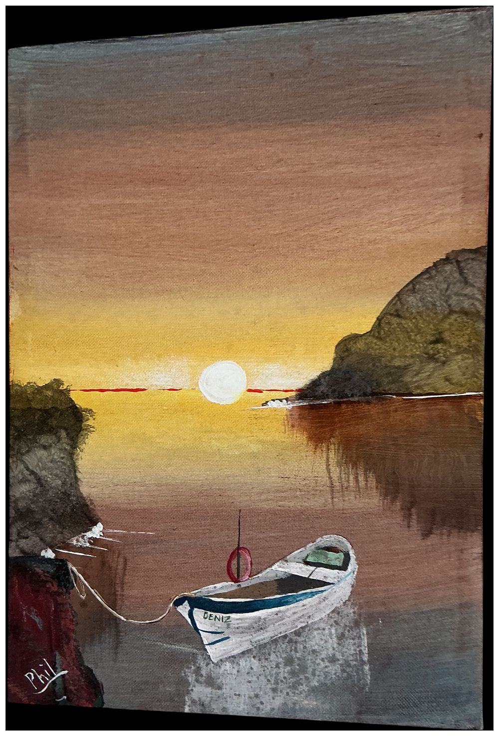 Lot 268: Phil (Contemporary), Stylised Sunset Landscape with Boat, oil or acrylic on canvas