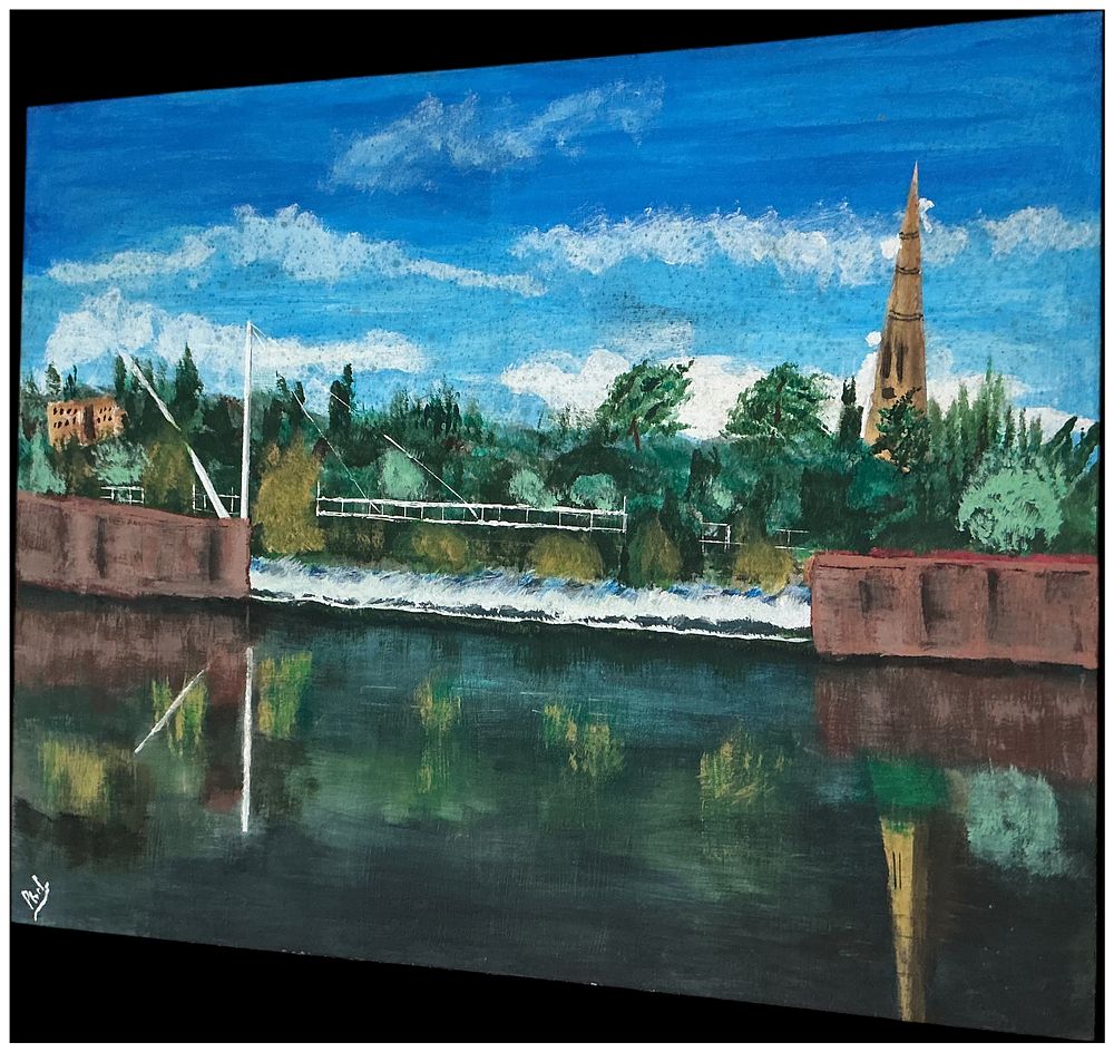 Lot 270: Attributed to Phil (Contemporary), Riverside Landscape with Weir and Church Spire, Oil or Acrylic on Canvas