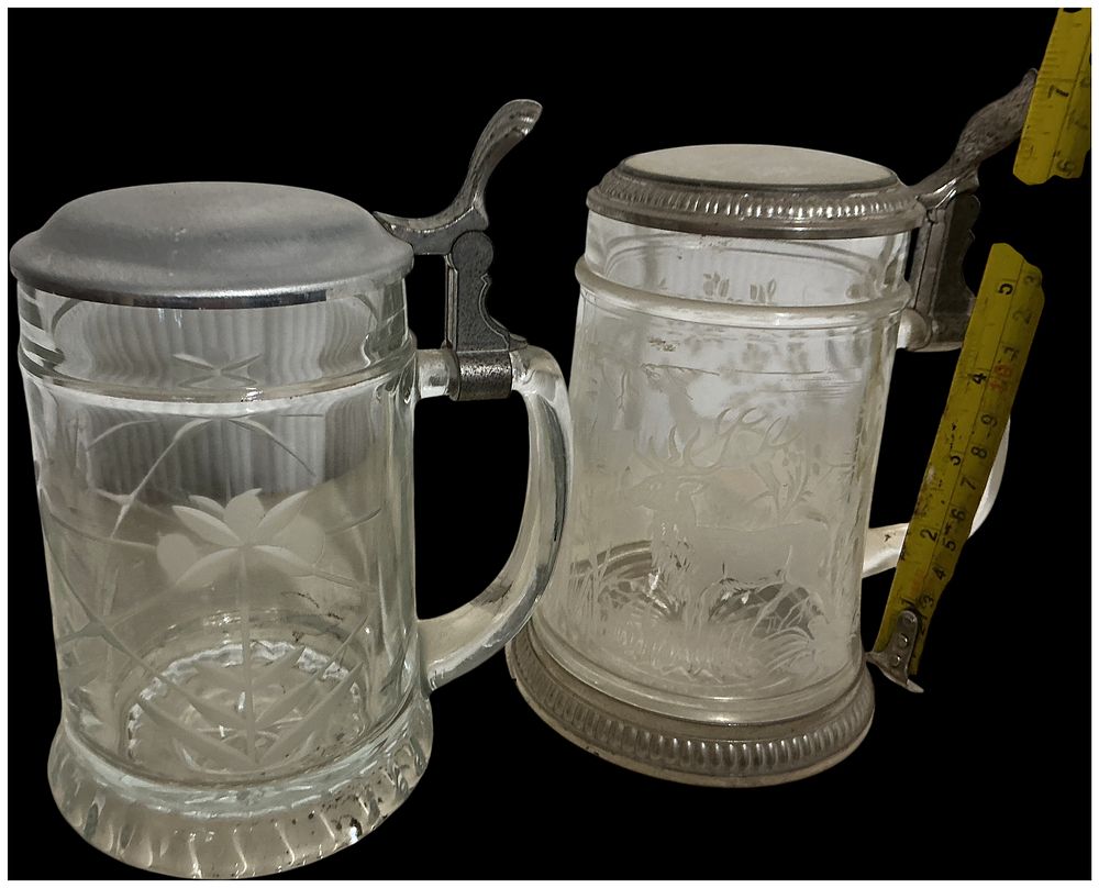 Lot 283: No reserve, cannot post. Two Glass Beer Steins in the German Style with Pewter Lids