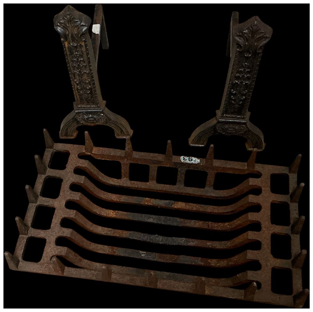 Lot 285: No reserve. Cast Iron Fire Grate and a Pair of Matching Fire Dogs