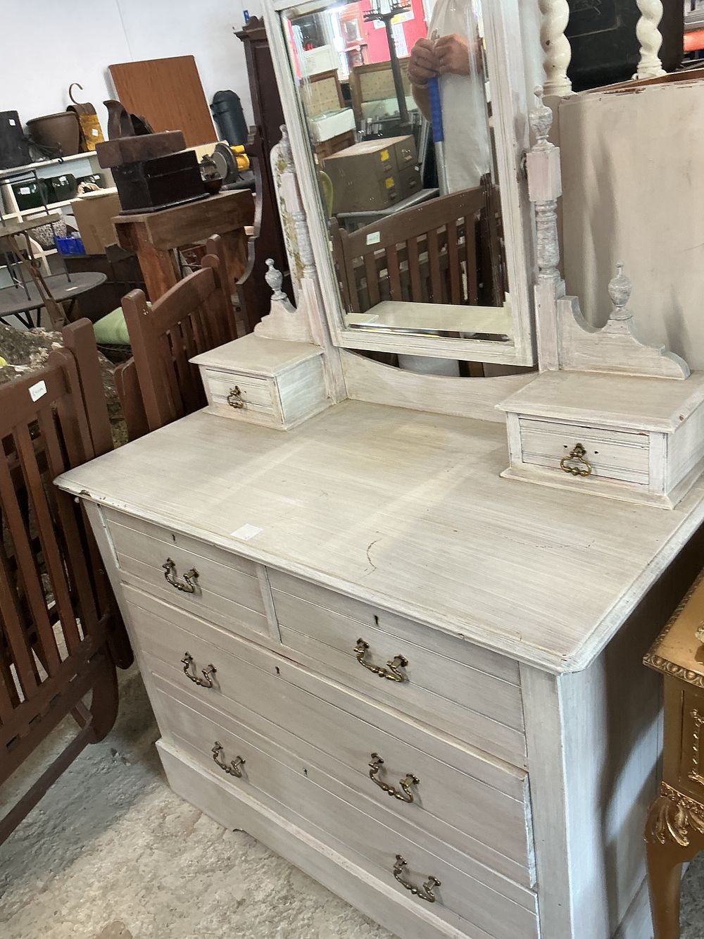 Lot 303: A Late Victorian Style Distressed Painted Pine Dressing Chest with Mirror. No reserve.