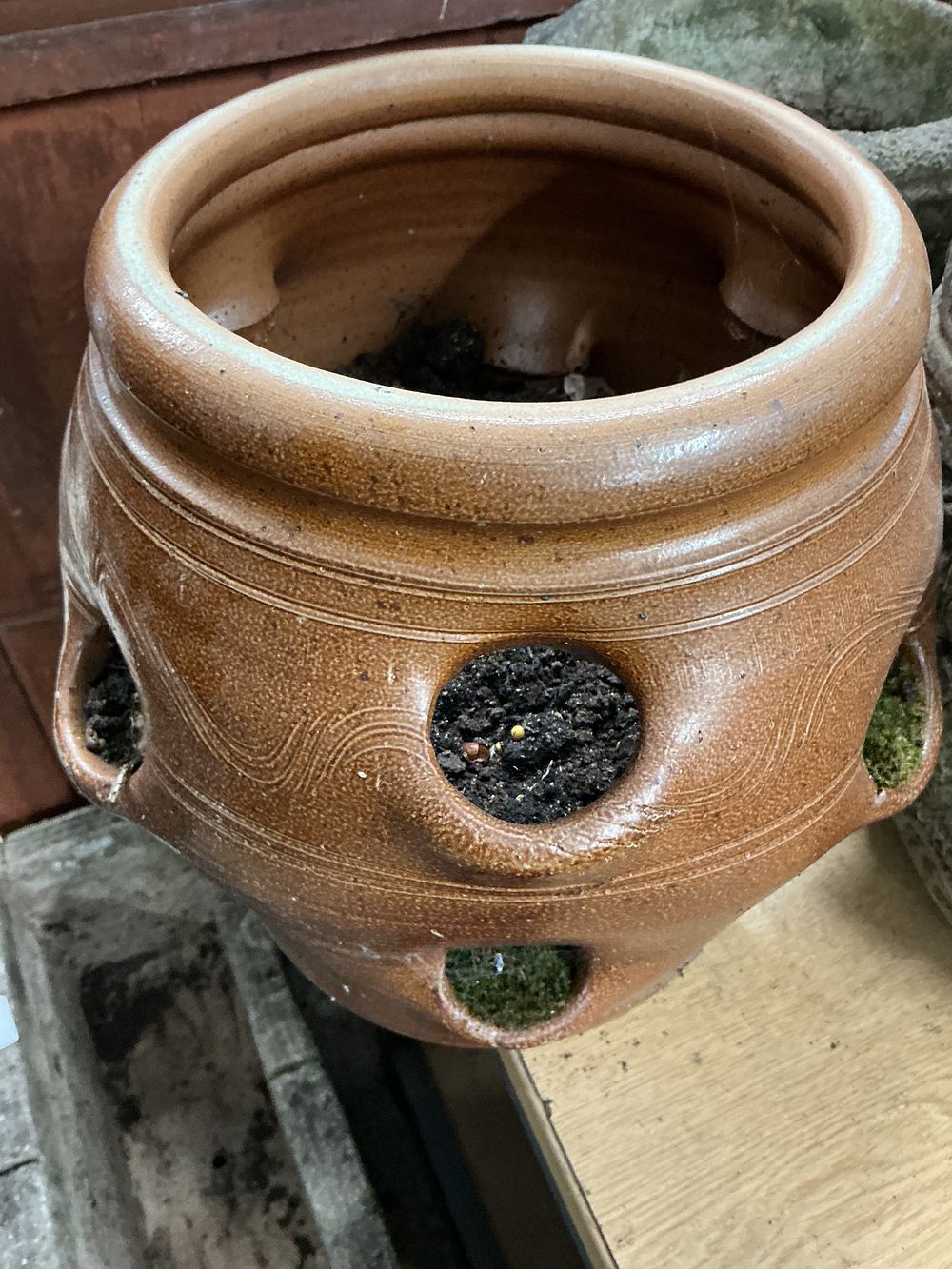 Lot 349: Salt-glazed stoneware multi-aperture strawberry planter pot