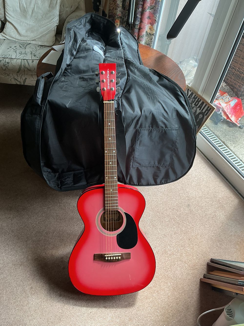 Lot 351: Stretton Payne Acoustic Guitar in Red Finish with Ritter Gig Bag. No reserve.