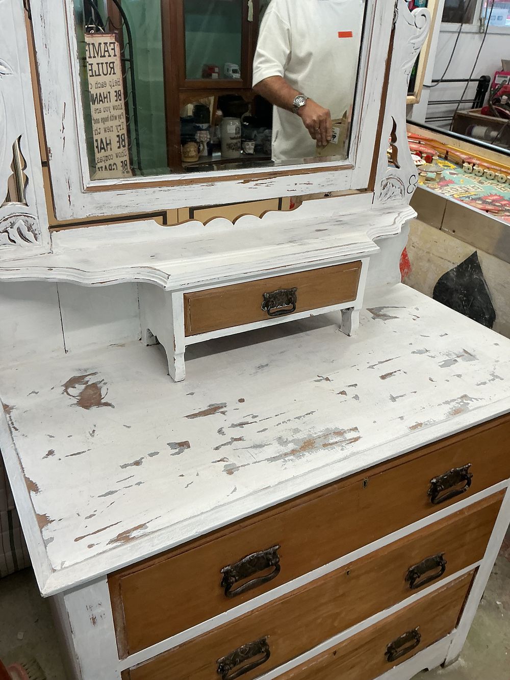 Lot 376: Late Victorian or Edwardian Distressed White Painted Dressing Chest with Mirror