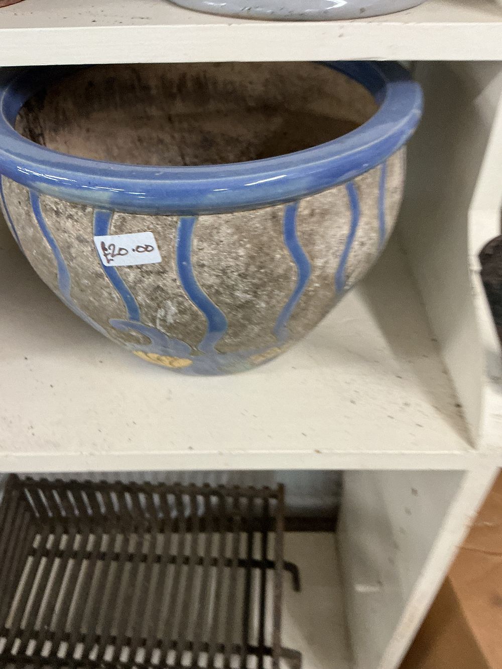 Lot 403: Large Studio Pottery Style Ceramic Planter with Blue Wavy Line Decoration