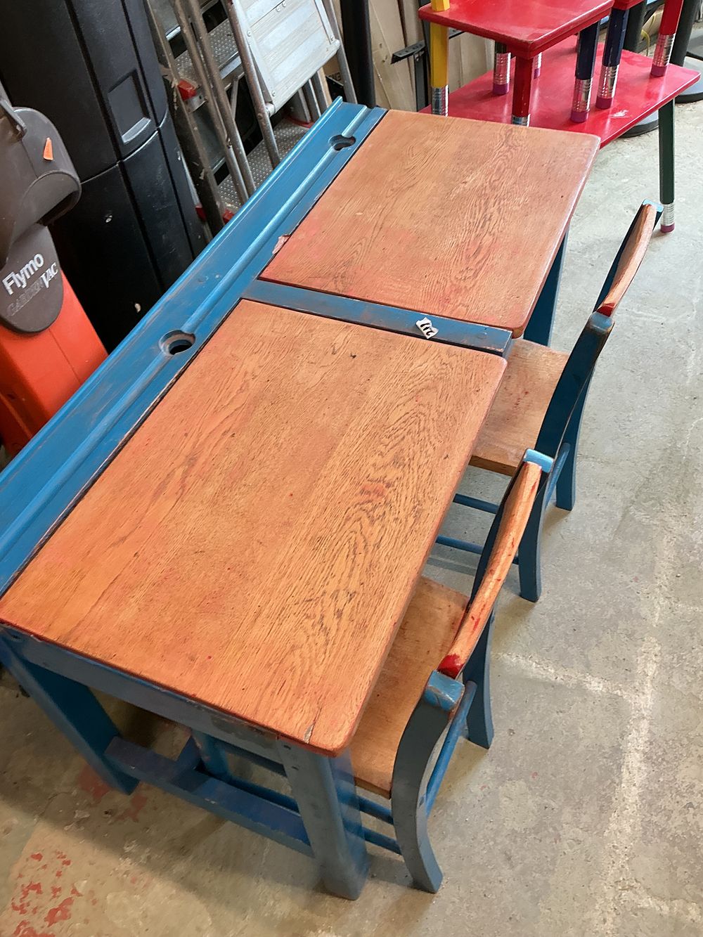 Lot 413: A Mid-20th Century Blue Painted Integrated Double School Desk and Bench