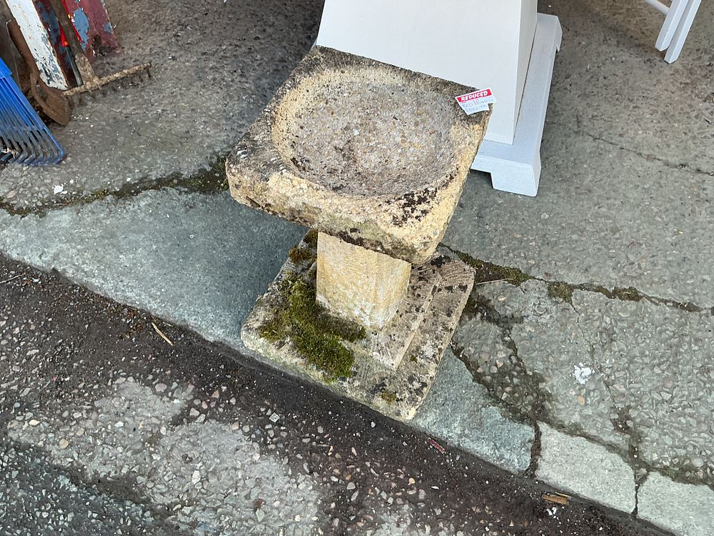 Lot 415: A Weathered Composite Stone Garden Bird Bath of Square Form