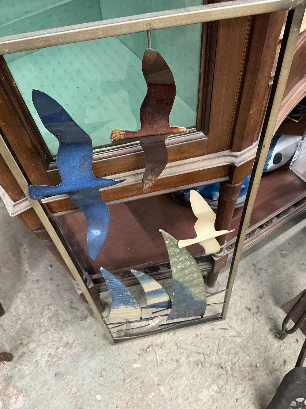 Lot 423: Mid-century Modern Style Mixed Metal Wall Sculpture of Seagulls and Sails