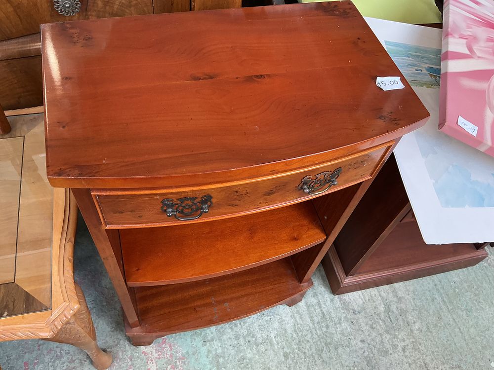 Lot 474: Mid-20th Century Yew Wood Bow-Fronted Bedside Cabinet