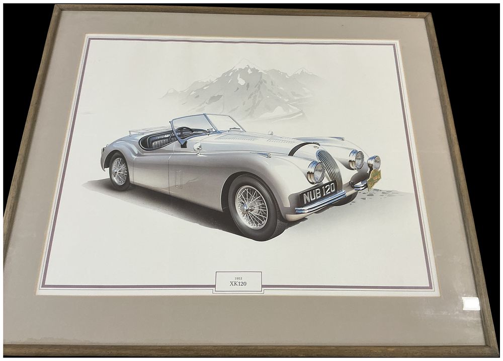 Lot 496: A Framed Print Depicting the Jaguar XK120 Roadster NUB 120