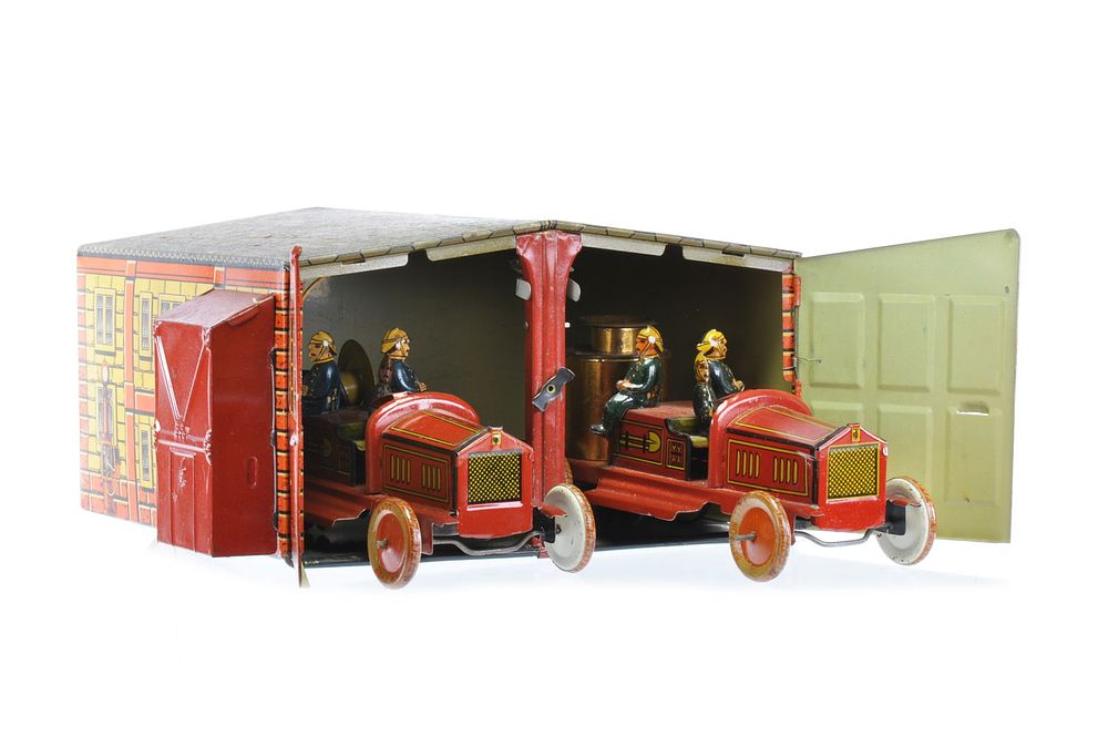 Lot 153: Tipp & Company (TippCo) Fire Engine and Tin Hose Truck with Garage