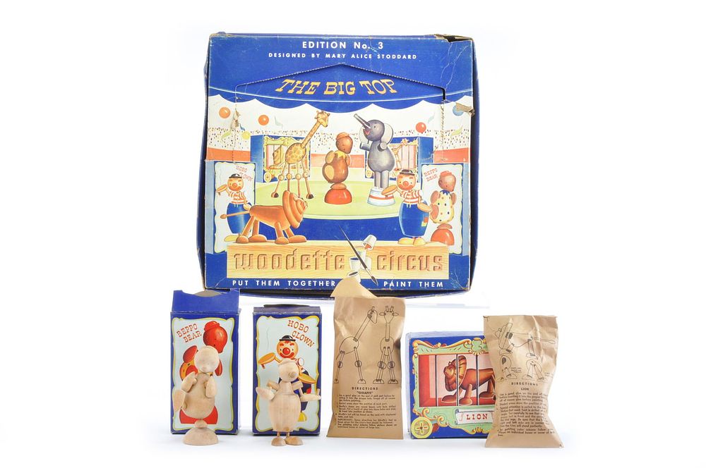 Lot 212: Lorraine Toys Basket Ball Tin Toy with Box plus Woodette Circus Figures