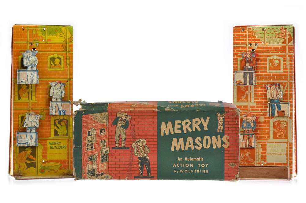 Lot 217: Codeg Productions Tin Lithographed “Merry Masons Automatic Sand Toy" x2 Boxed/Unboxed
