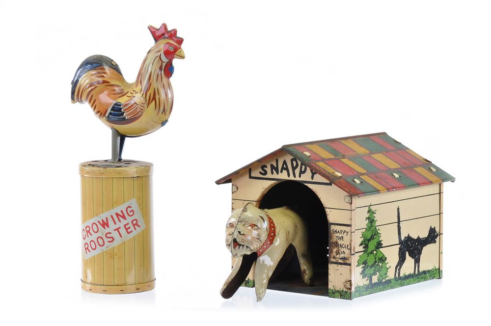 Lot 218: Snappy the Tin Dog by Marx and Tin Rooster by LineMar