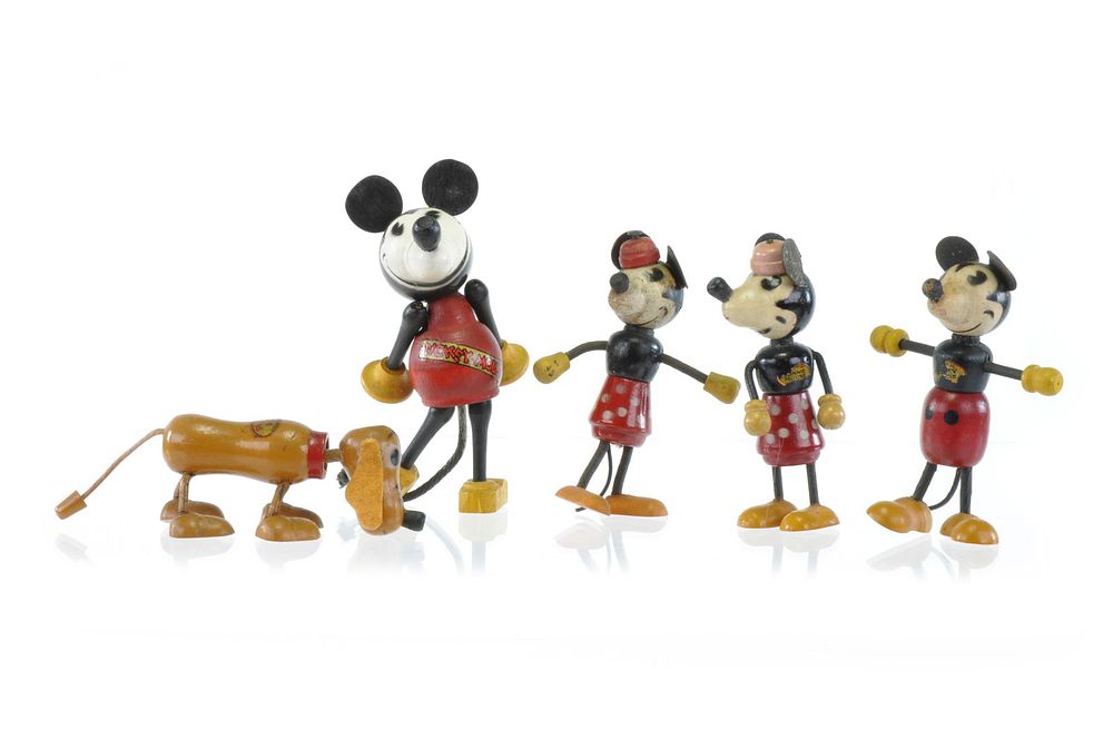 Lot 229: Wood Jointed Mickey, Minnie and Pluto by Jaymar and Halsam