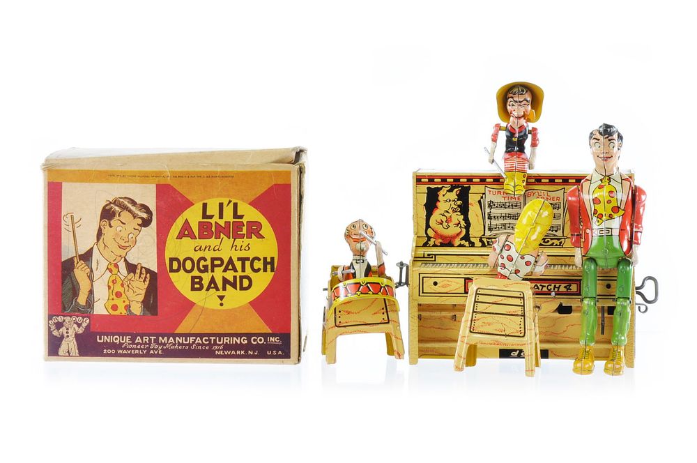 Lot 254: Unique Art ca. 1940’s Tin Litho Windup “Li’l Abner and his Dogpatch Band?? with Box