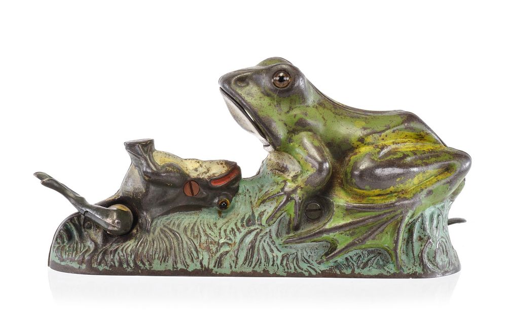 Lot 324: J. & E. Stevens ca. 1880s Cast Iron No. 225 Bull Frog Bank or Two Frogs Mechanical Bank