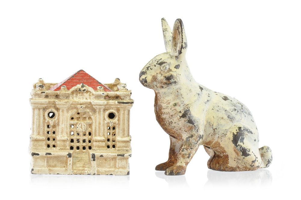 Lot 330: Hubley Cast Iron No. 806 Sitting Rabbit & Wright ca. 1960 Treasury Bank Still Penny Banks