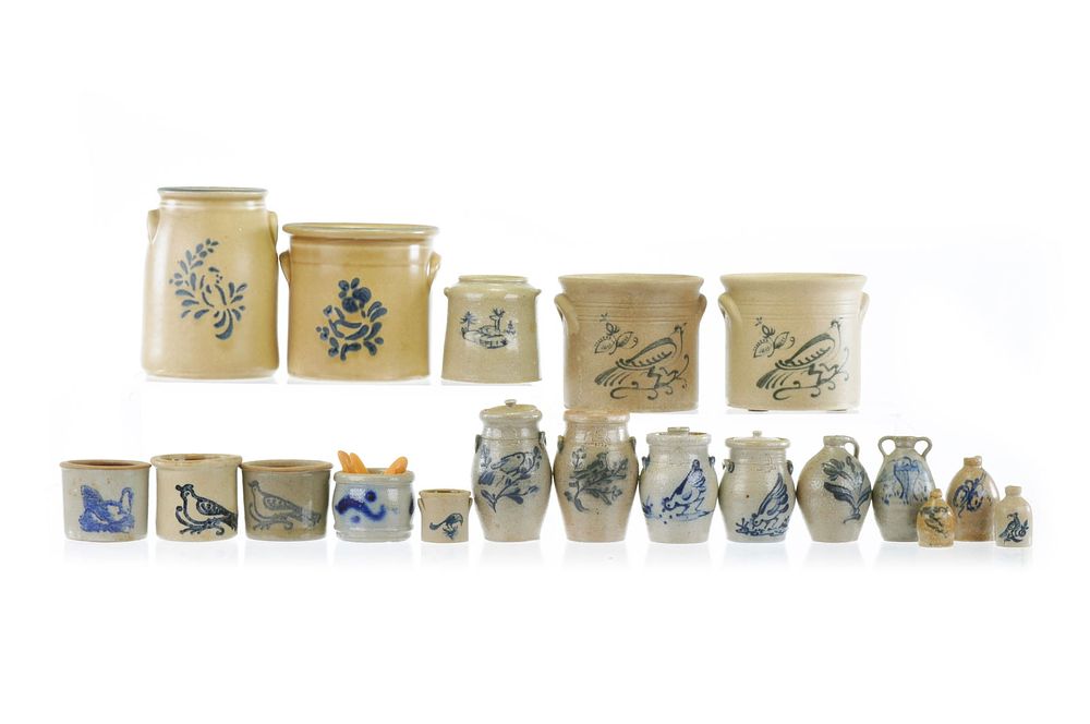 Lot 335: Dollhouse Mini Salt Glazed Pottery 23pcs J. Clark, Rowe Pottery, Pfaltzgraff, Estee Lauder, & More