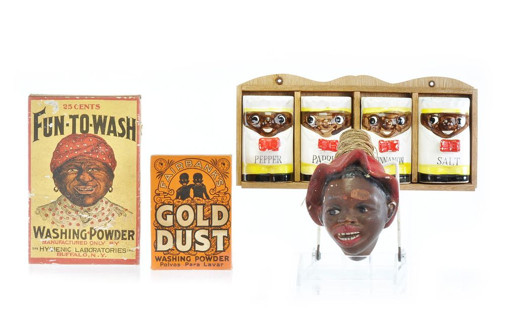 Lot 336: 4 Pc. Lot of Black Americana Spice Rack, Twine Holder, Fun-To-Wash & Fairbank's Gold Dust Boxes