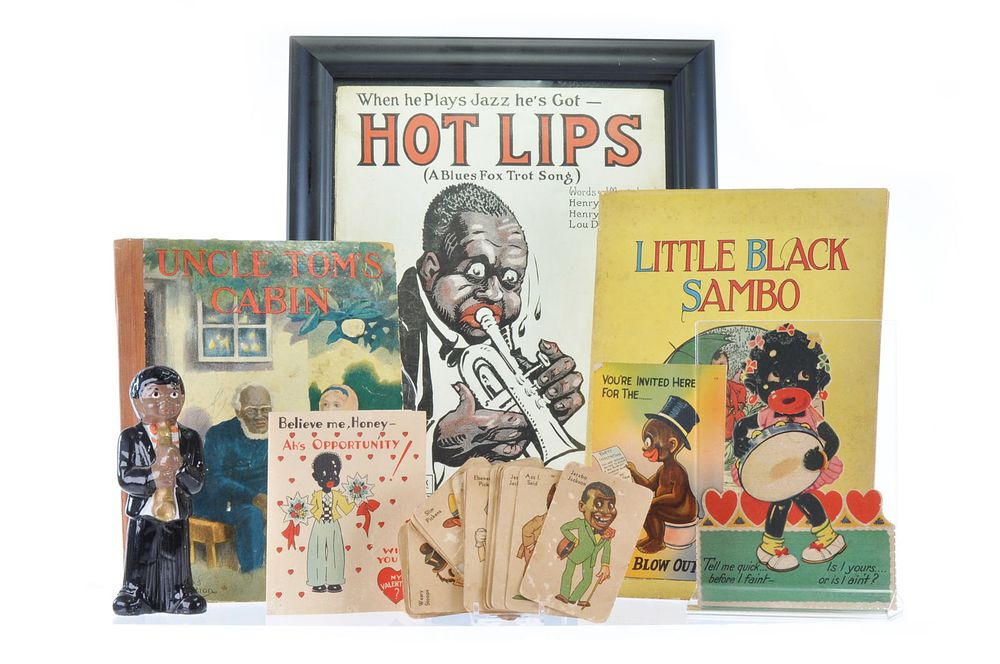 Lot 337: 8 pc. Lot of Black Americana Cards, Playing Cards, Framed Sheet Music, Ceramic, & Books