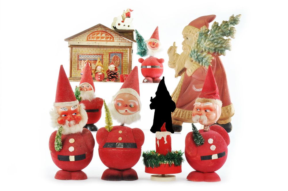 Lot 341: 13 pc. Vintage Christmas Decor Set Santas, Music Box, House, & More