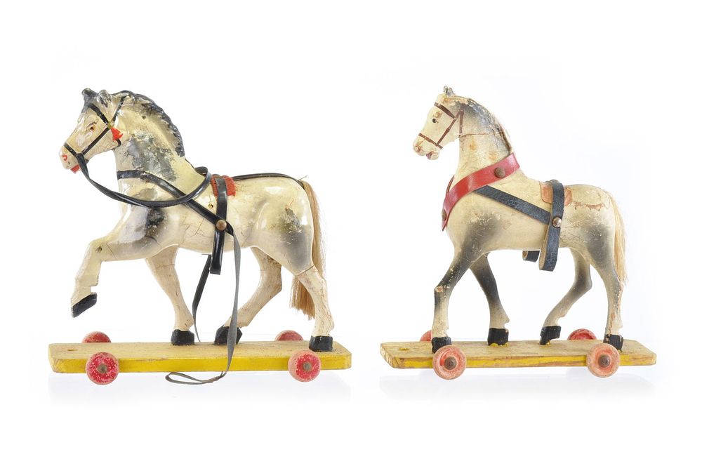 Lot 344: European Wooden Horses on Platform with Wheels Set of 2