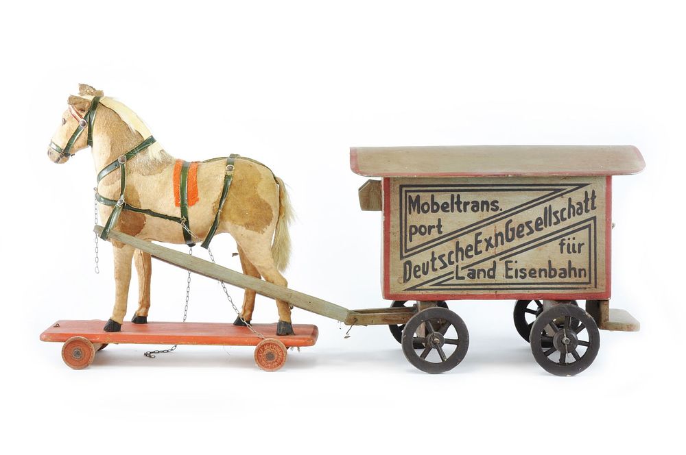 Lot 345: German Large Wooden Furniture Transport Delivery Wagon with Horse on Platform