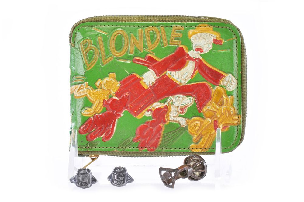 Lot 350: 1950s Blondie Comics Wallet, Cracker Jack Premium Elephant Whistle Ring & G-Man Rings Lot