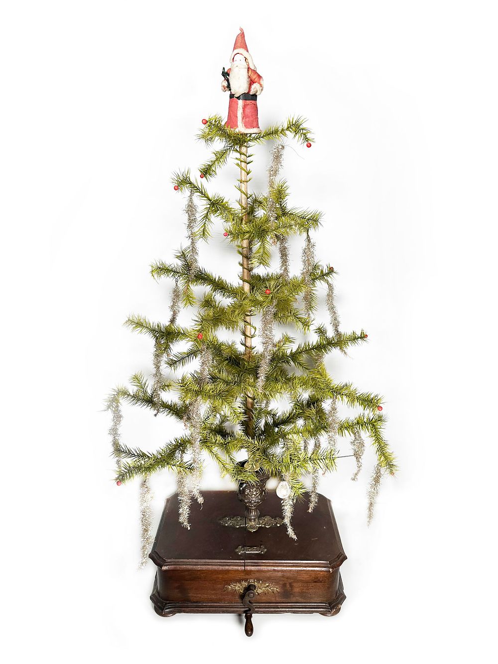 Lot 356: Antique German Calliope Christmas Tree Stand & Polyphon Music Box w/Victorian Feather Style Tree