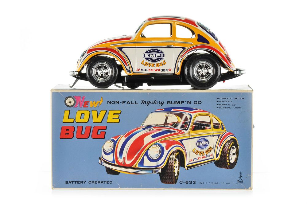 Lot 435: Non-Fall Love Bug C-633 in Multicolor Tin Car Design, by Taiyo Japan