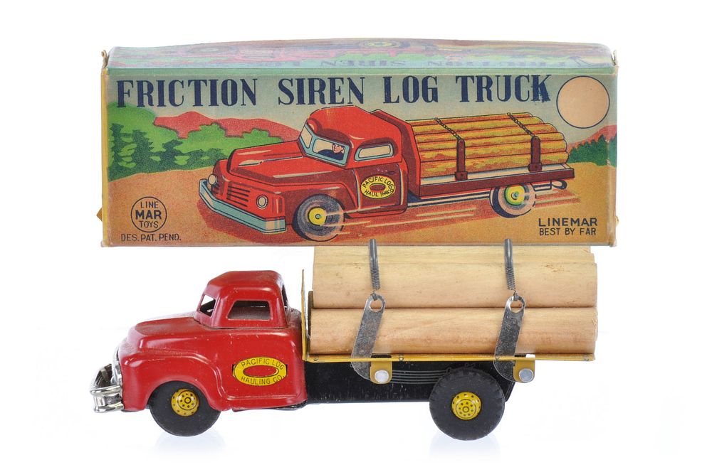 Lot 438: Friction Siren Log Tin Truck Boxed by Linemar