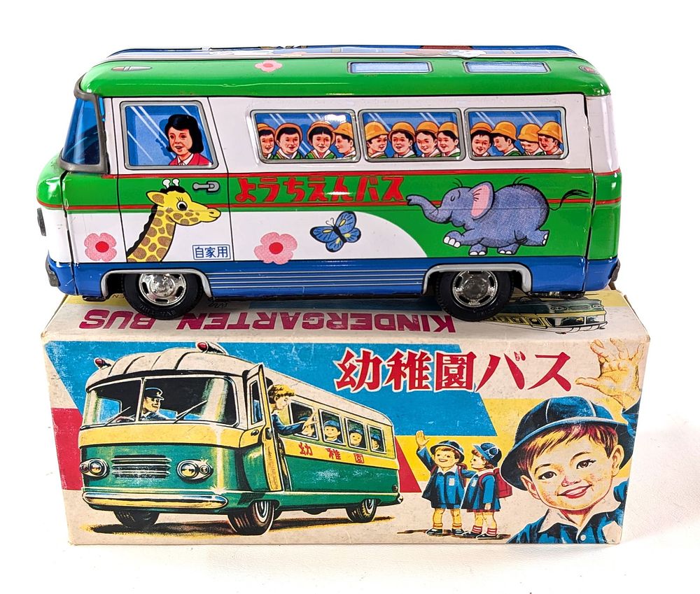 Lot 438C: Japan TPS Toys Tin Litho Kindergarten Toy Bus MIB Old Store Stock Friction