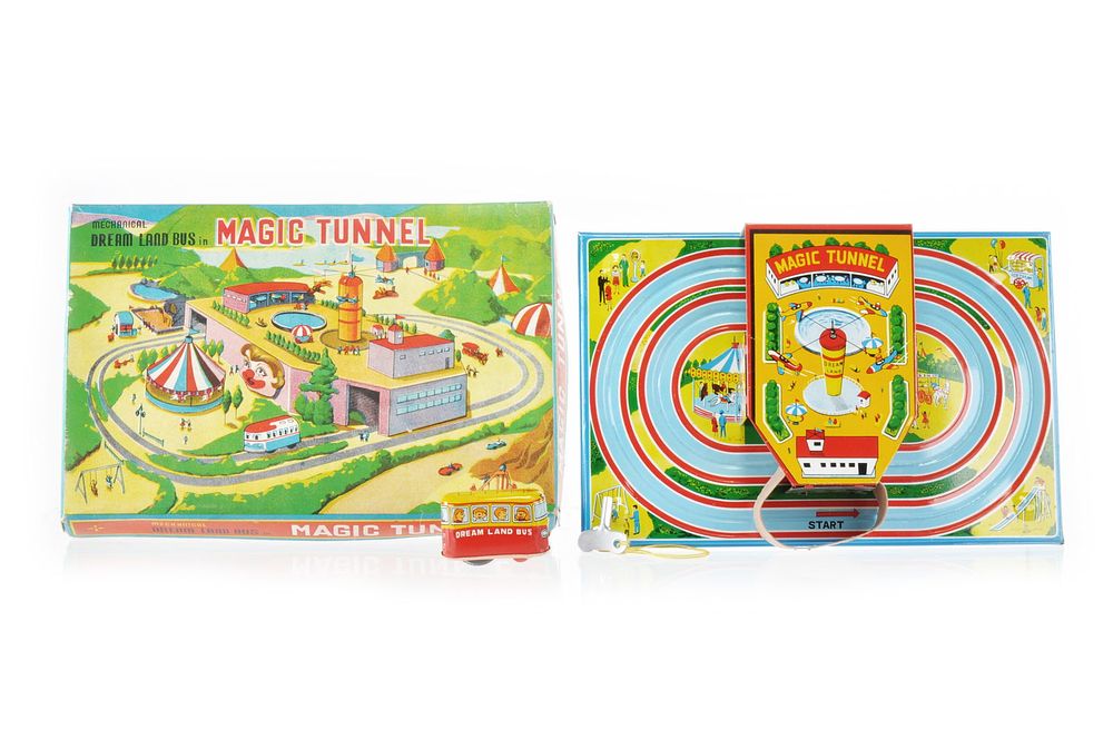 Lot 443: T.P.S. Tin Mechanical Dream Land Bus in Magic Tunnel Boxed