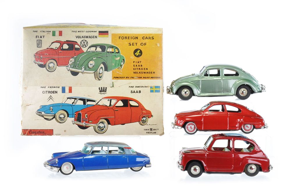 Lot 444: Bandai Citroen, SAAB, Volkswagen, Fiat 4 Car Boxed Japanese Tin Car Set