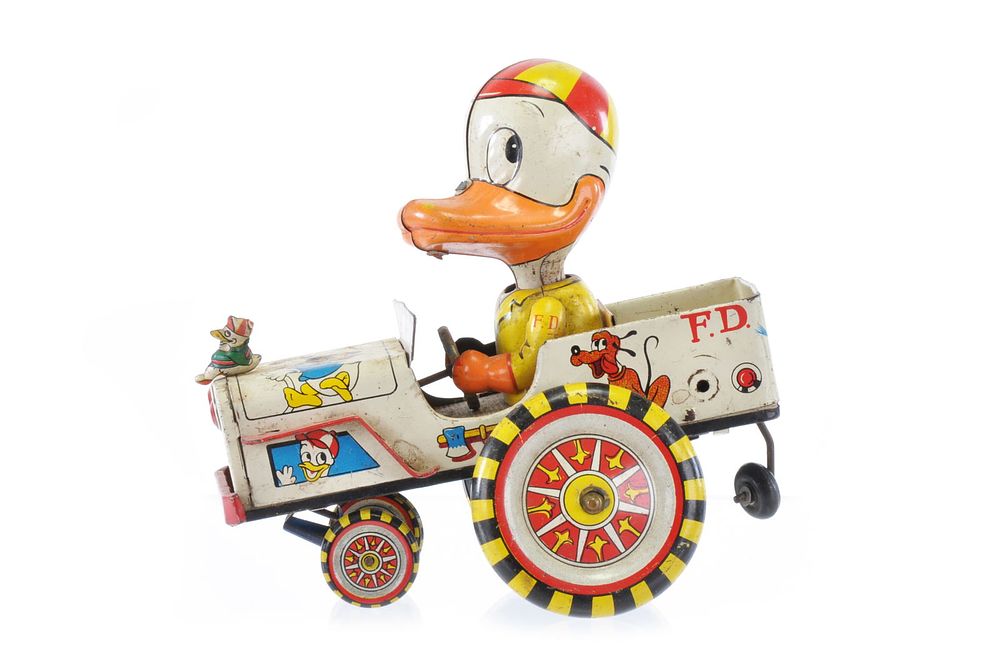 Lot 448: Linemar Mickey and Donald and Dewey Fire Truck Tin Windup Krazy Car