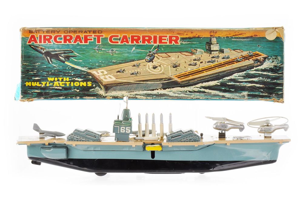 Lot 464: Large Battery Operated Aircraft Carrier Tin, Marx Japan Boxed