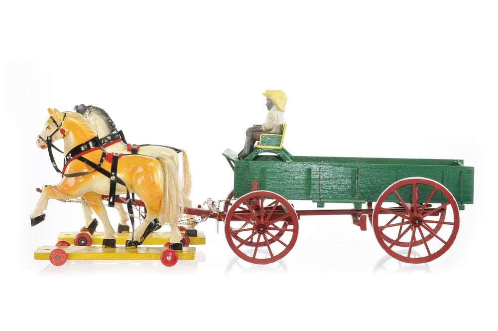 Lot 274A: Horse Drawn Buckboard Wagon with 2 Bisque Black Drivers