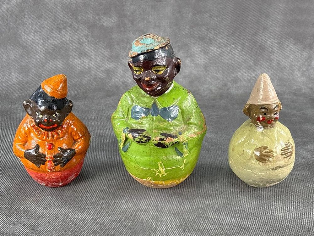 Lot 276: 3 Black Americana Rolly Dolly Dunce Clown Toys