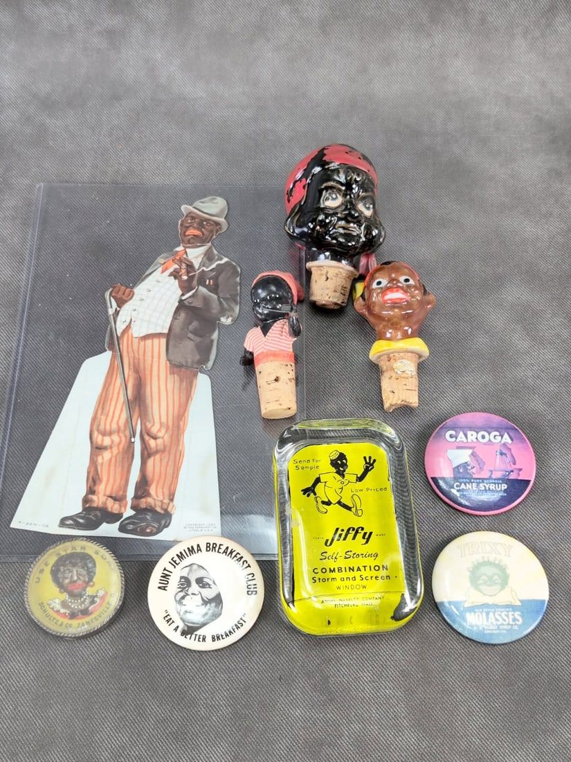 Lot 313: Black Americana Jiffy Advertising Paperweight Bottle Toppers and More