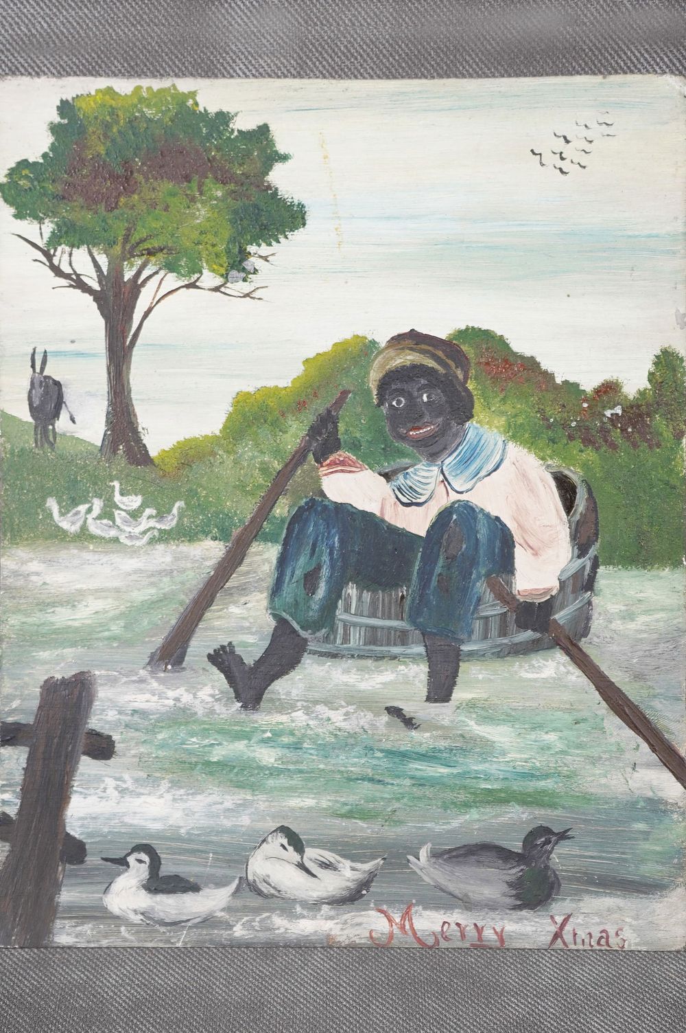 Lot 316: Black Americana Oil on Steel Hand Painted Christmas Card