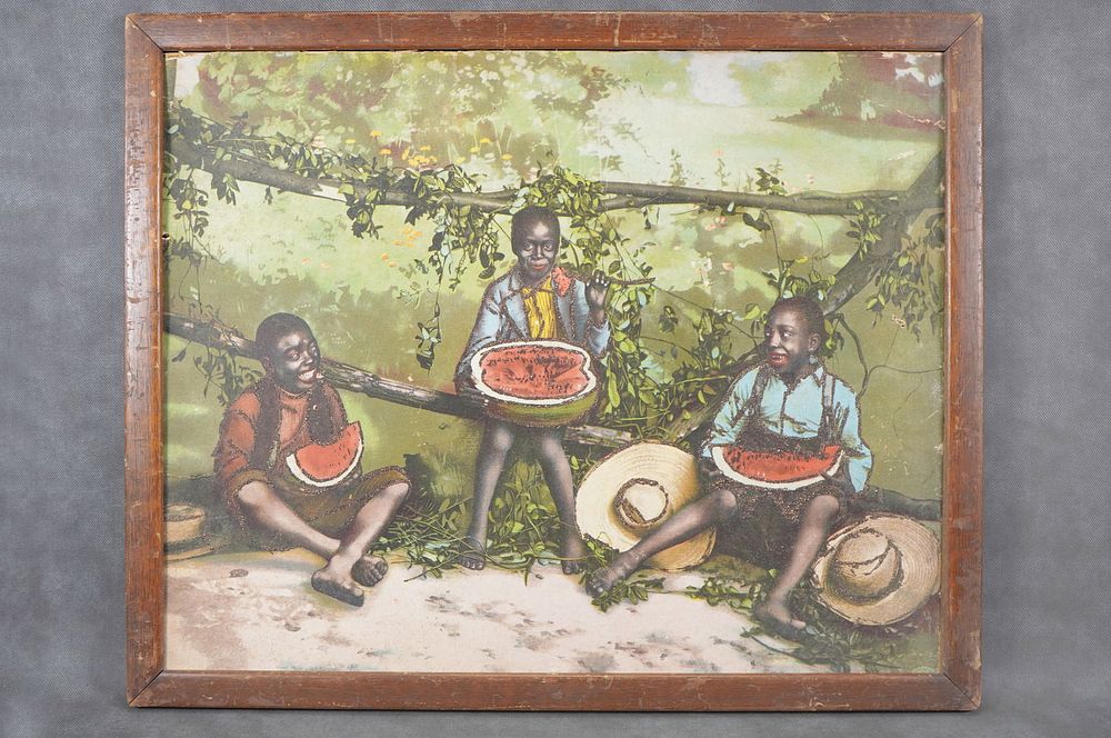 Lot 320: c1890 Young Boys Eating Watermelon The Feast Glitter Picture Framed Black Americana