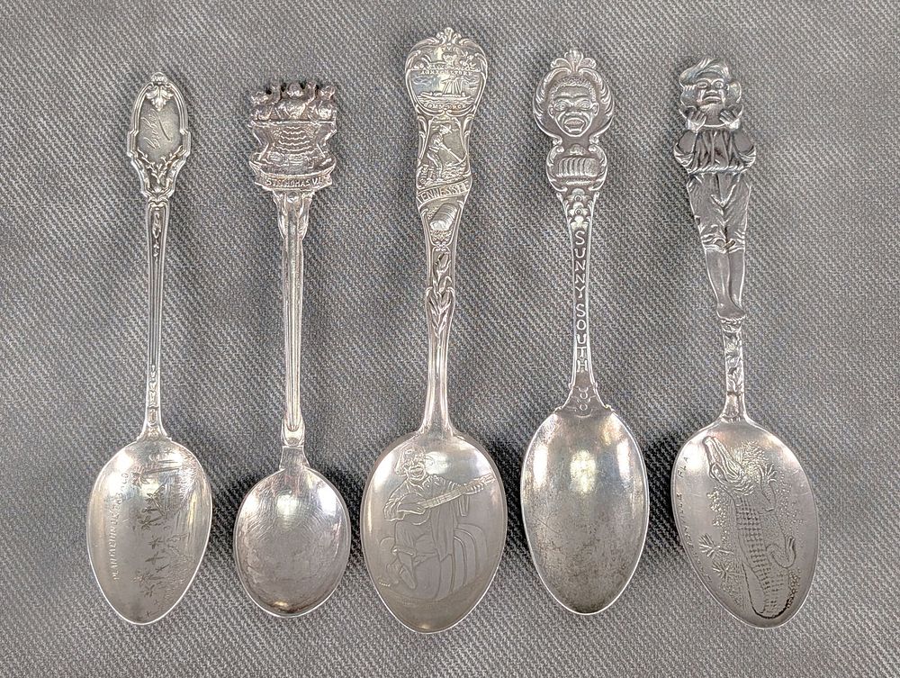 Lot 323: Antique Lot of 5 Black Americana Souvenir Spoons Sterling Silver